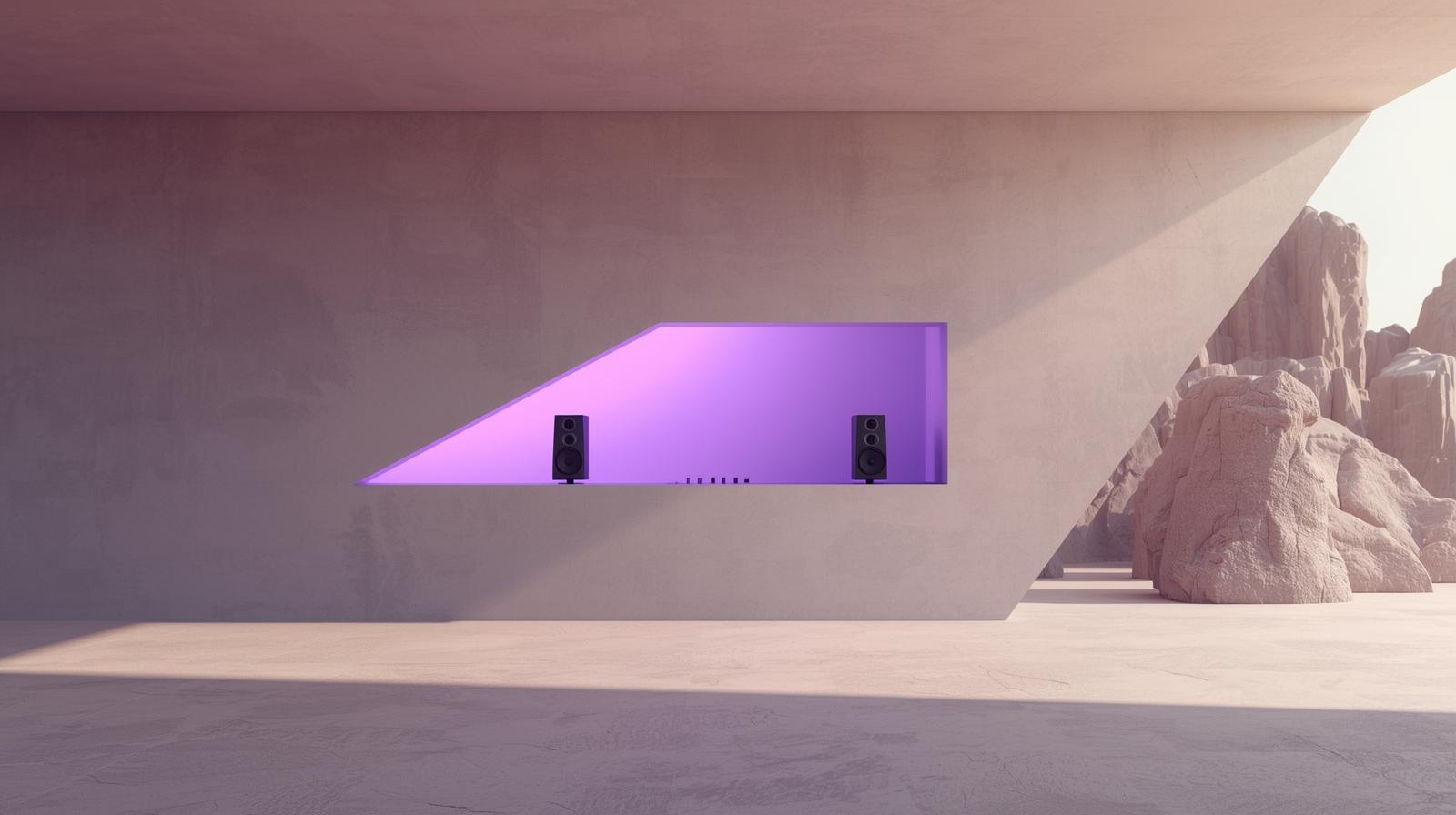 A minimalist and clean photography style, minimalist composition, ample negative space, soft, muted tones, uncluttered scene, with a focus on form and purple light. A vibrant and dynamic cinema (1)